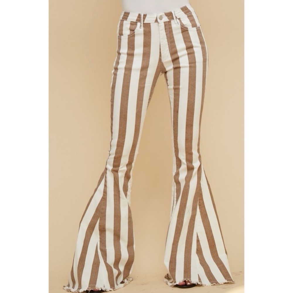 COACHELLA TAUPE/CREAM STRIPED FLARE JEANS - Picture 5 of 9